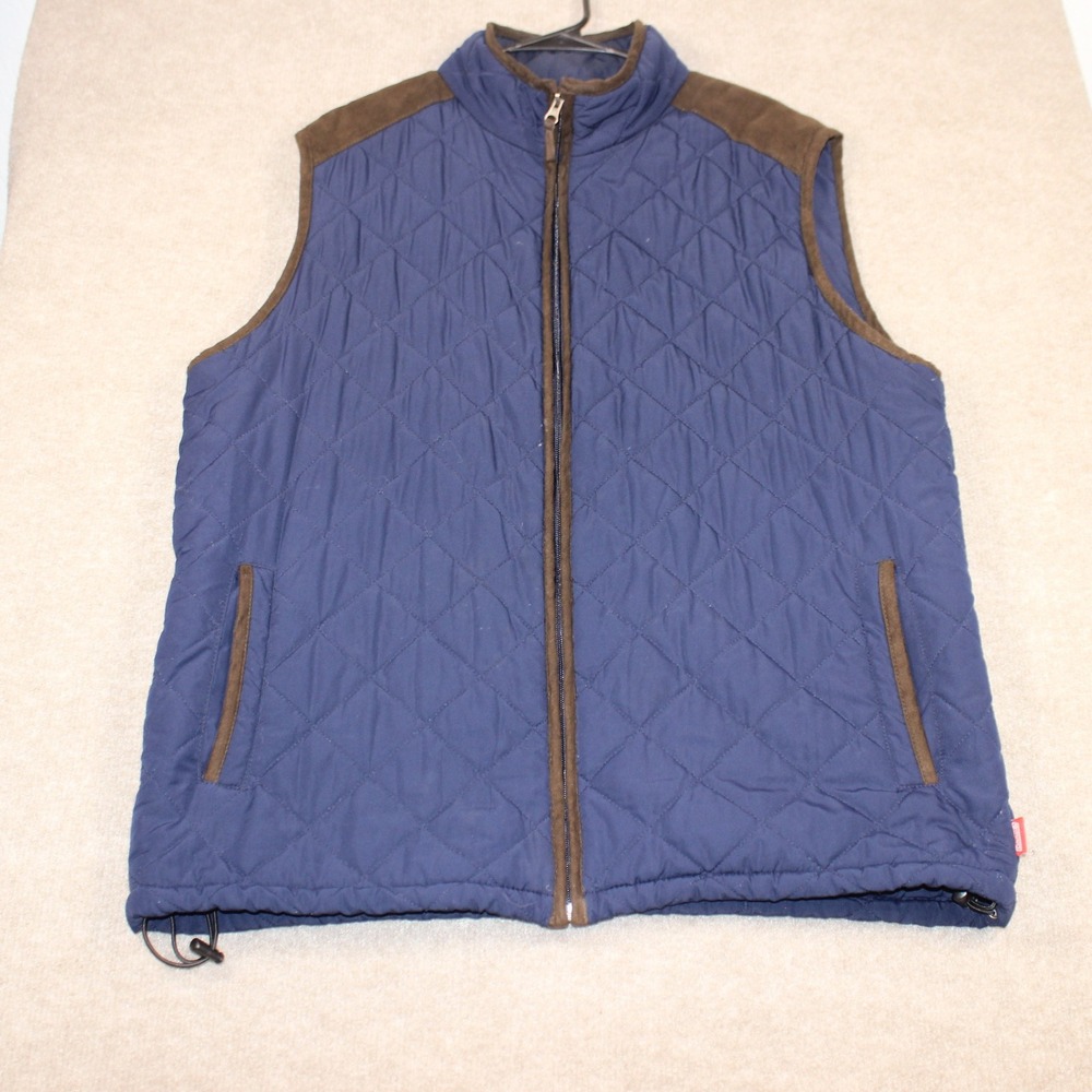 Coleman Mens Quilted Vest Navy Blue Brown Trim Full Zip Pockets Size L